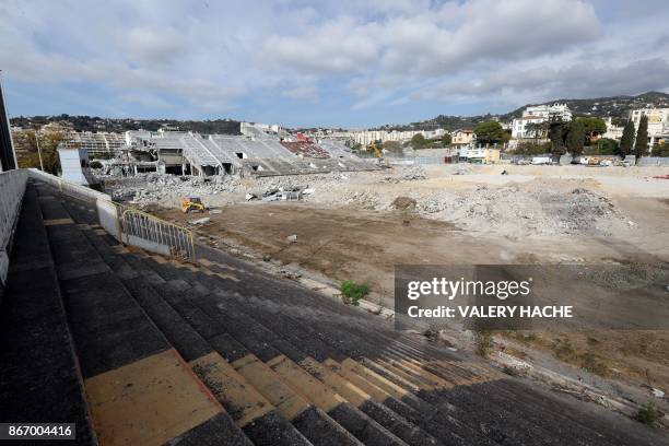 Picture taken on October 27, 2017 shows the Ray stadium in Nice, Southeastern France, during its destruction.