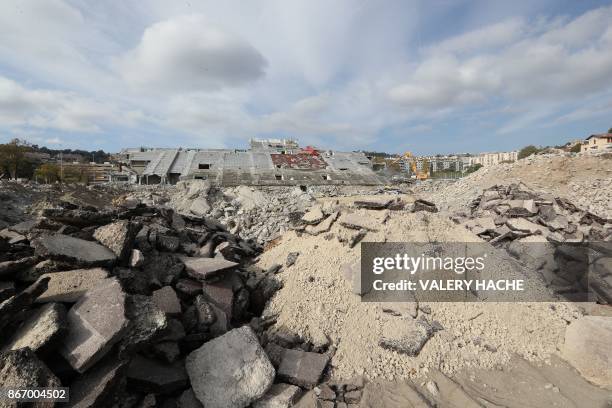 Picture taken on October 27, 2017 shows the Ray stadium in Nice, Southeastern France, during its destruction.