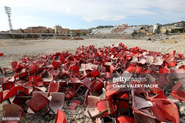 Picture taken on October 27, 2017 shows the Ray stadium in Nice, Southeastern France, during its destruction.