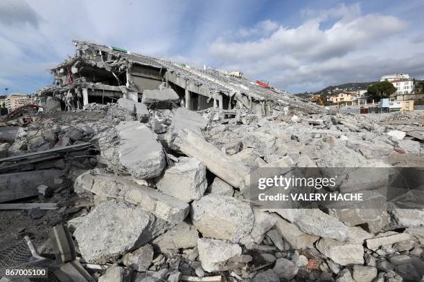 Picture taken on October 27, 2017 shows the Ray stadium in Nice, Southeastern France, during its destruction.