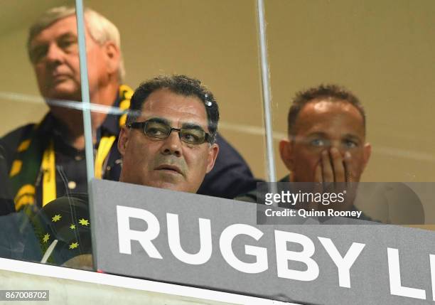 Mal Meninga the coach of Australia looks onduring the 2017 Rugby League World Cup match between the Australian Kangaroos and England at AAMI Park on...