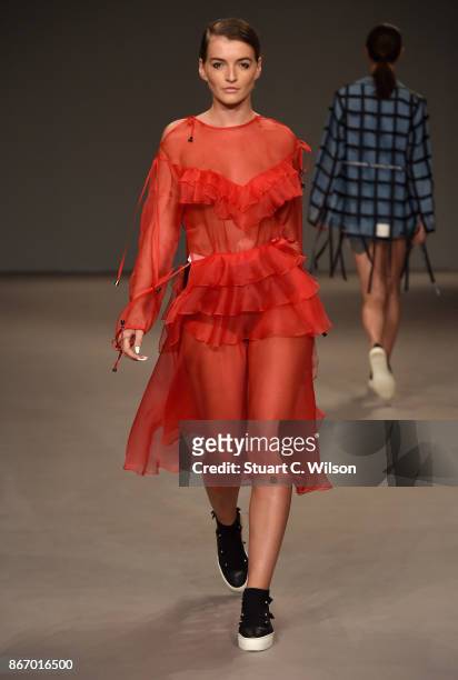Model walks the runway during the Anna K. International Guest show at Fashion Forward October 2017 held at the Dubai Design District on October 27,...