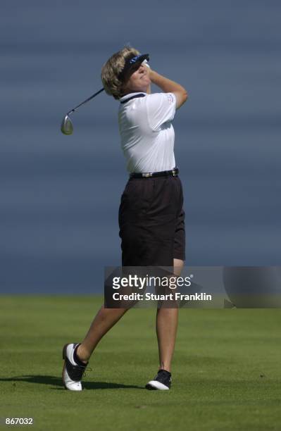 Betsy King hits a shot during the second round of the Evian Masters on June 13, 2002 at Evian Masters Golf Club in Evian-les-Bains, France.