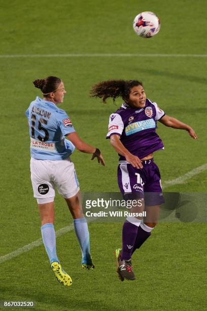 Amy Jackson of Melbourne City heads the ball during the round one W-League match between the Perth Glory and Melbourne City FC at nib Stadium on...