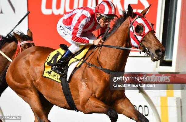 Damien Oliver riding Falika wins Race 6, during Manikato Stakes Night at Moonee Valley Racecourse on October 27, 2017 in Melbourne, Australia.