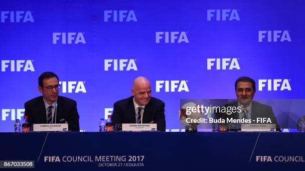 Fabrice Jouhaud, FIFA Chief Communication Officer, FIFA President Gianni Infantino, Praful Patel, President All India Football Federation speak to...