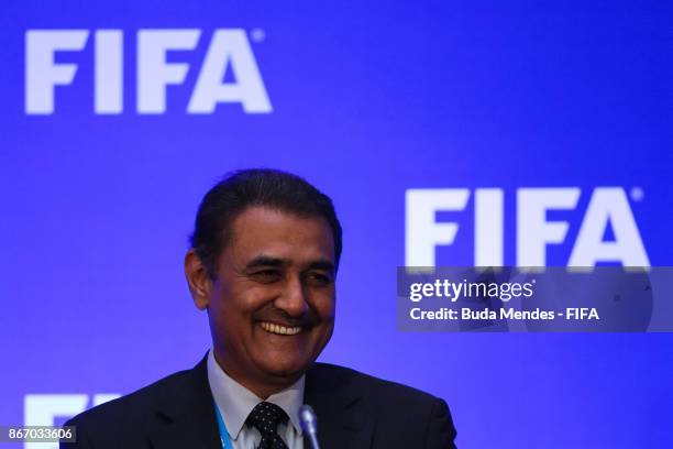 Praful Patel, President All India Football Federation speaks to the media after a FIFA Council Meeting at JW Marriott Kolkata on October 27, 2017 in...