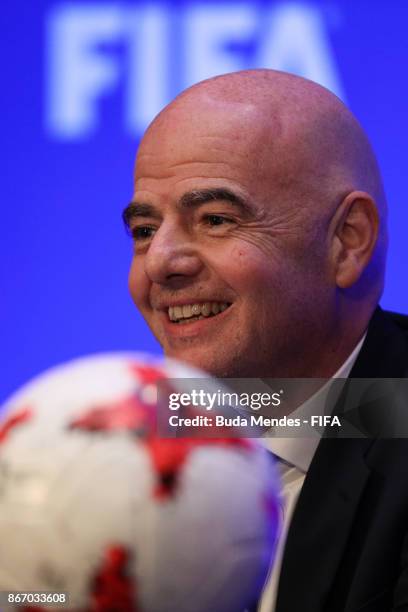 President Gianni Infantino speaks to the media after a FIFA Council Meeting at JW Marriott Kolkata on October 27, 2017 in Kolkata, India.