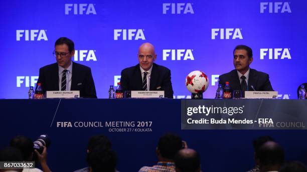 Fabrice Jouhaud, FIFA Chief Communication Officer, FIFA President Gianni Infantino, Praful Patel, President All India Football Federation speak to...