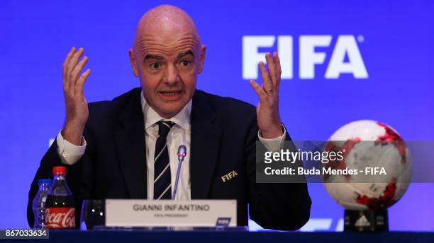 President Gianni Infantino speaks to the media after a FIFA Council Meeting at JW Marriott Kolkata on October 27, 2017 in Kolkata, India.
