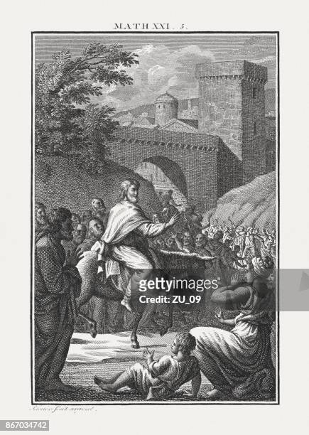 ilustrações, clipart, desenhos animados e ícones de entrada de jesus em jerusalém (mateus 21), placa de cobre gravura, publicado c. 1850 - jesus entry into jerusalem