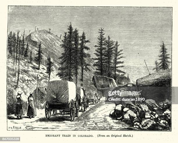 19 世紀美國科羅拉多州移民馬車火車 - migrant caravan 幅插畫檔、美工圖案、卡通及圖標