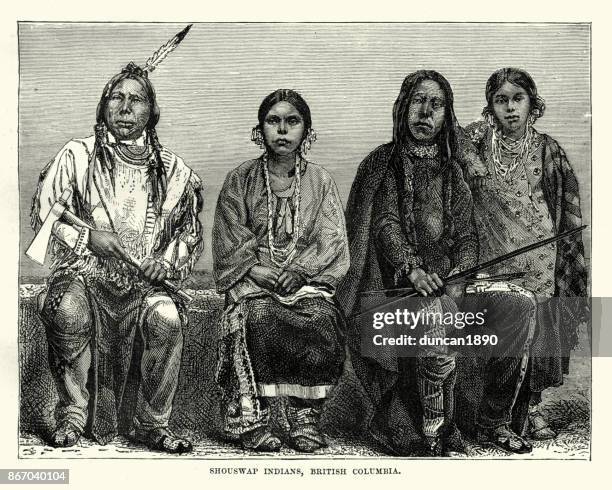 secwepemc first nations people, british columbia, 19th century - duncan bc stock illustrations