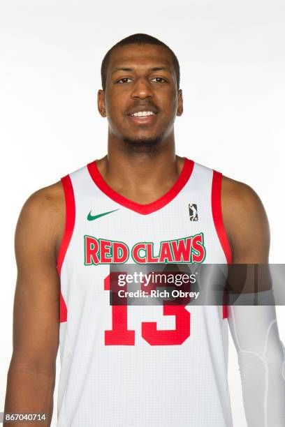 Jonathan Holmes 313 of the Maine Red Claws poses for a head during the NBA G-League Media Day on October 26, 2017 at the Portland Expo in Portland,...