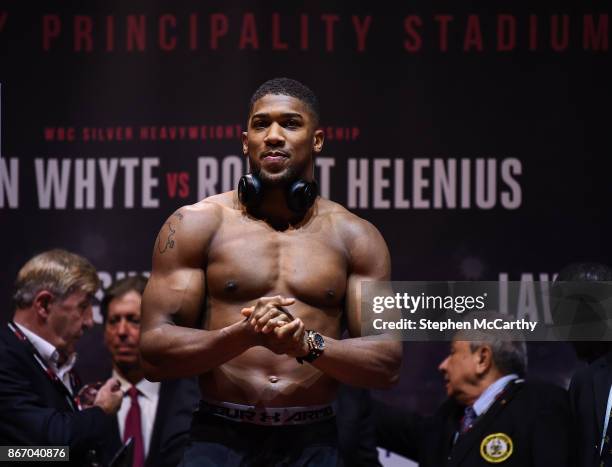 Cardiff , United Kingdom - 27 October 2017; Anthony Joshua weighs in, at the Motorpoint Arena, ahead of his World Heavyweight Title fight against...