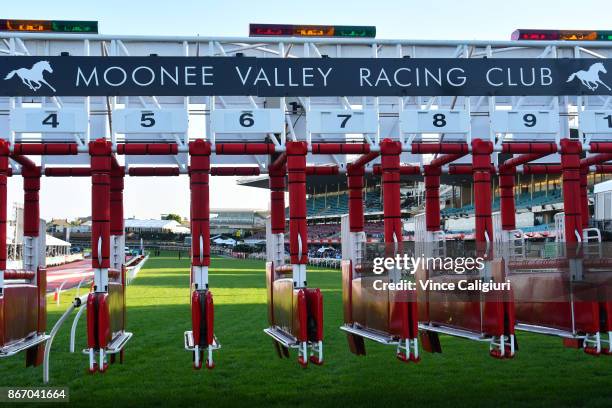 General view of the barriers from the Cox Plate distance of 2040 metres during Manikato Stakes Night at Moonee Valley Racecourse on October 27, 2017...