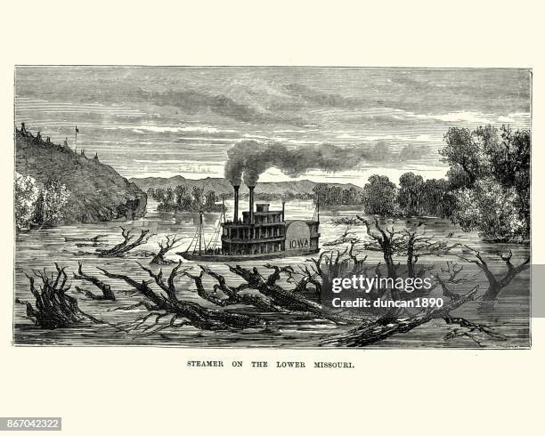 raddampfer am unteren missouri, 19. jahrhundert - raddampfer stock-grafiken, -clipart, -cartoons und -symbole
