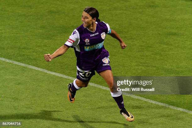 Samantha Kerr of the Glory celebrates after scoring a goal during the round one W-League match between the Perth Glory and Melbourne City FC at nib...