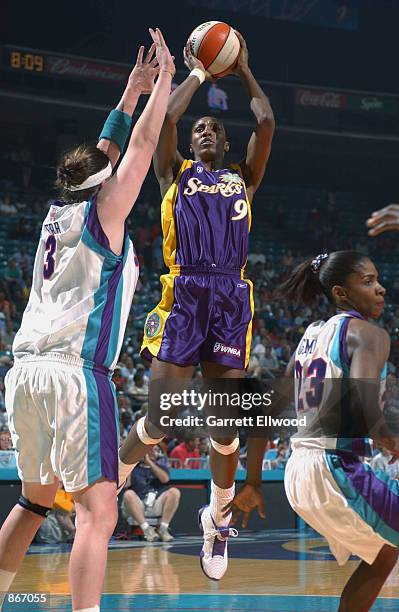 Lisa Leslie of the Los Angeles Sparks shoots over Summer Erb of the Charlotte Sting during the game on June 1, 2002 at Charlotte Coliseum in...