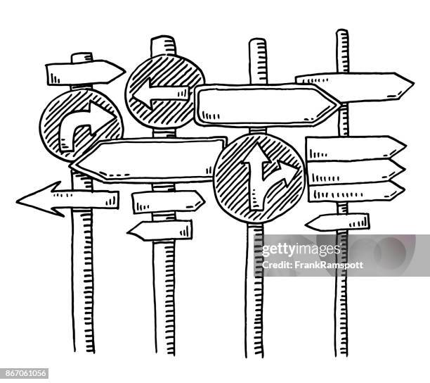 stockillustraties, clipart, cartoons en iconen met verwarring concept verkeer richting ondertekent tekening - wegwijzer bord