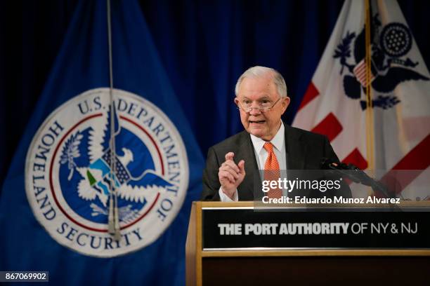 Attorney General Jeff Sessions speaks during a press conference about combatting the opioid crisis at JFK International Airport on October 27, 2017...