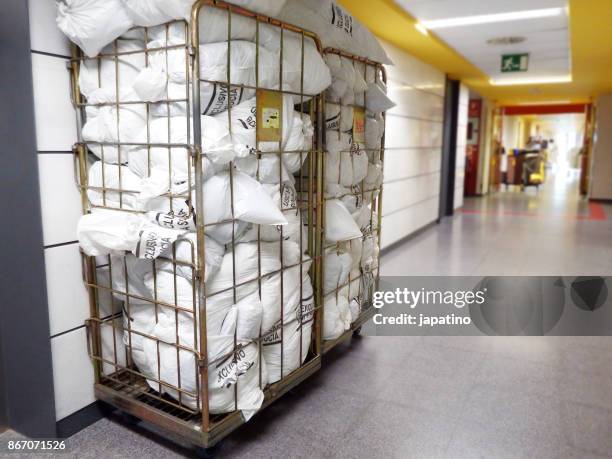 container with garbage bag in a hospital - hospital cart stock pictures, royalty-free photos & images