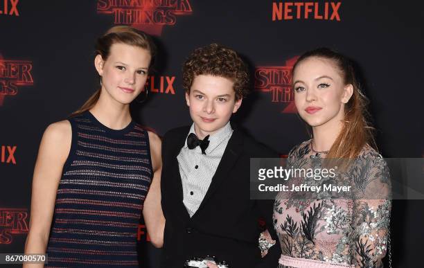 Actors Peyton Kennedy, Quinn Liebling and Sydney Sweeney arrive at the Premiere Of Netflix's 'Stranger Things' Season 2 at Regency Westwood Village...