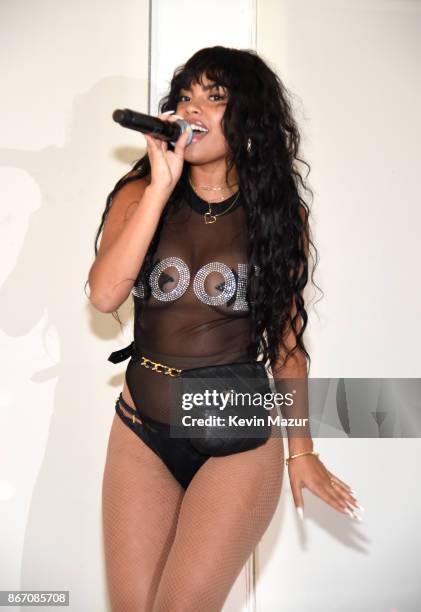 Leaf performs at the Khloe Kardashian & Emma Grede Celebrate Good American Pop-Up in Collaboration with VFILES on October 26, 2017 in New York City.