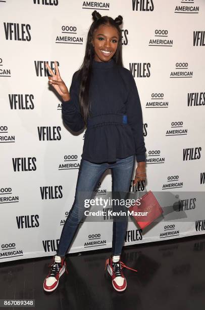 Leomie Anderson attends the Khloe Kardashian & Emma Grede Celebrate Good American Pop-Up in Collaboration with VFILES on October 26, 2017 in New York...