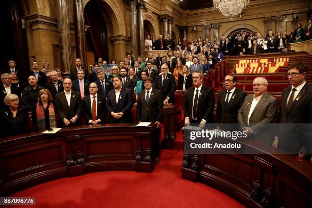 Catalan regional President Carles Puigdemont is seen after Catalonian Parliament declared independence following the secret ballot at Catalonian...