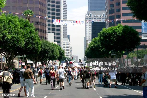 Crowds fill the streets of Los Angles near the Staples Center, site of the Democratic National Convention on August 15, 2000 in Los Angeles,...
