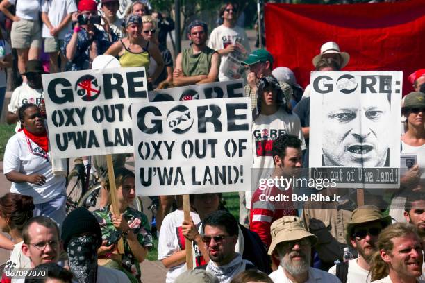 Protestors fill the streets in Downtown Los Angles near the Staples Center, site of the Democratic National Convention on August 15, 2000 in Los...
