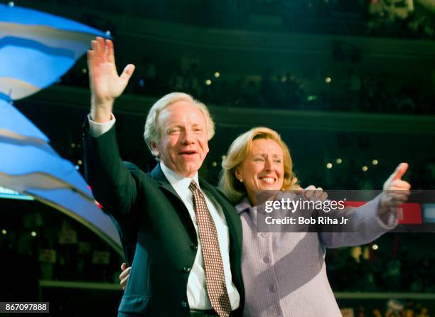 Vice Presidential candidate Joe Lieberman and wife Hadassah wave to the crowd after his acceptance speech at the Democratic National Convention on...