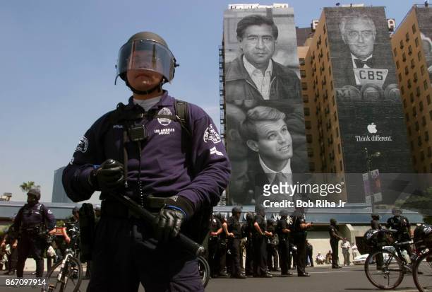Los Angeles Police Department officers gather near the Staples Center - site of the Democratic National Convention, on August 15, 2000 in Los...