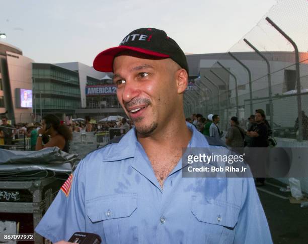 Lead guitarist Tom Morello with 'Rage Against the Machine' at the designated protest site near the Democratic National Convention in Los Angeles, on...