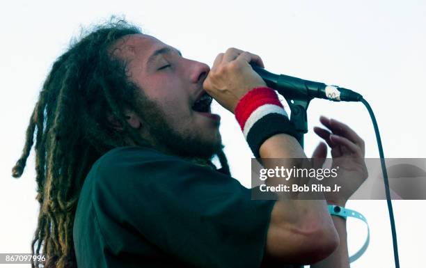 Musician Zack de la Rocha with 'Rage Against the Machine' performs at the designated protest site near the Democratic National Convention in Los...