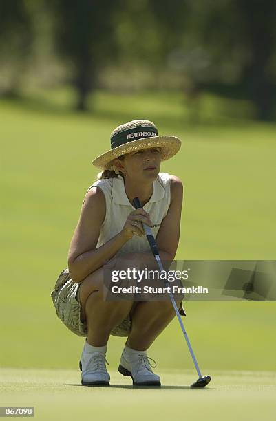 Jackie Gallagher-Smith of the USA looks over a green during the third round of the Evian Masters on June 14, 2002 at Evian Masters Golf Club in...