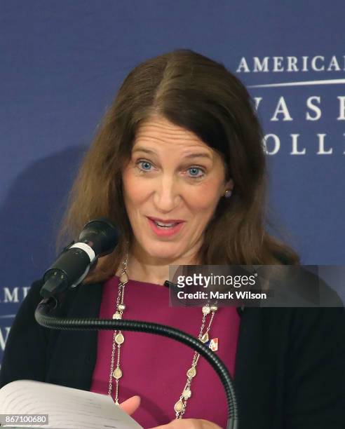 Former HHS Secretary Sylvia Mathews Burwell, president of American University, delivers remarks on health care reform during a conference at American...