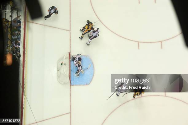 Aerial view of Edmonton Oilers goalie Cam Talbot in action, yielding goal vs Pittsburgh Penguins at PPG Paints Arena. Pittsburgh, PA CREDIT: Fred...