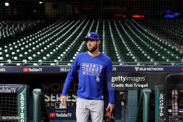 Chris Taylor of the Los Angeles Dodgers looks on during the workout day for the 2017 World Series against the Houston Astros at Minute Maid Park on...
