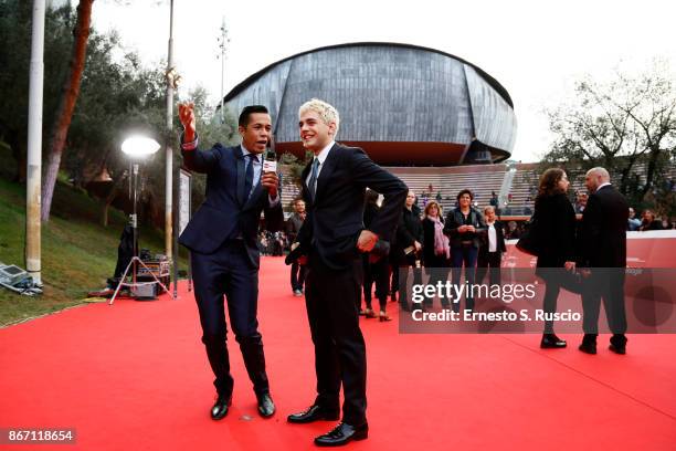 Xavier Dolan is interviewed by Livio Beshir on the red carpet during the 12th Rome Film Fest at Auditorium Parco Della Musica on October 27, 2017 in...