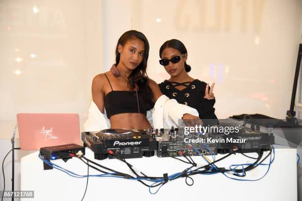 DJs Angel and Dren spin at the Khloe Kardashian & Emma Grede Celebrate Good American Pop-Up in Collaboration with VFILES on October 26, 2017 in New...