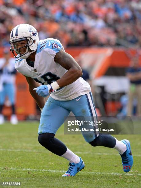 Wide receiver Rishard Matthews of the Tennessee Titans runs a route in the third quarter of a game on October 22, 2017 against the Cleveland Browns...