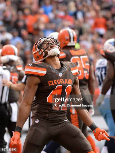 Defensive back Mike Jordan of the Cleveland Browns celebrates a fourth down goal line stand in the third quarter of a game on October 22, 2017...