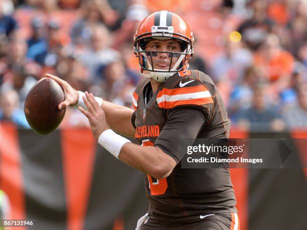 Quarterback Cody Kessler of the Cleveland Browns throws a pass in the third quarter of a game on October 22, 2017 against the Tennessee Titans at...