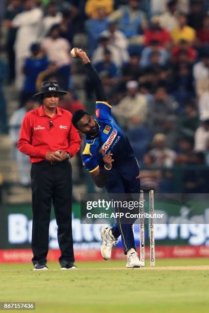 Sri Lanka's Isuru Udana bowls during the second Twenty20 series cricket match Pakistan vs Sri Lanka on October 27, 2017 at Sheikh Zayed Stadium, in...