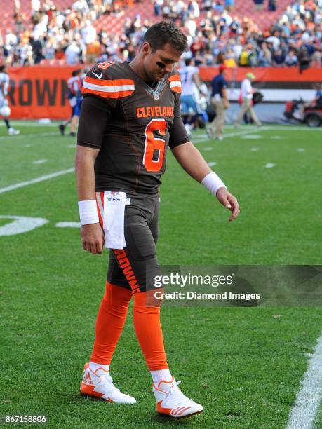 Quarterback Cody Kessler of the Cleveland Browns walks off the field after a game on October 22, 2017 against the Tennessee Titans at FirstEnergy...