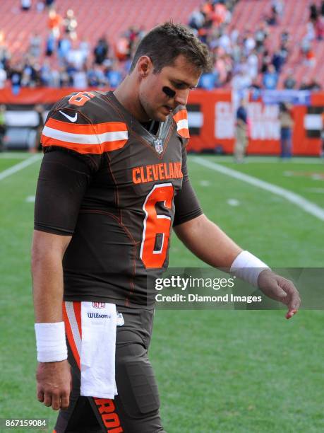 Quarterback Cody Kessler of the Cleveland Browns walks off the field after a game on October 22, 2017 against the Tennessee Titans at FirstEnergy...