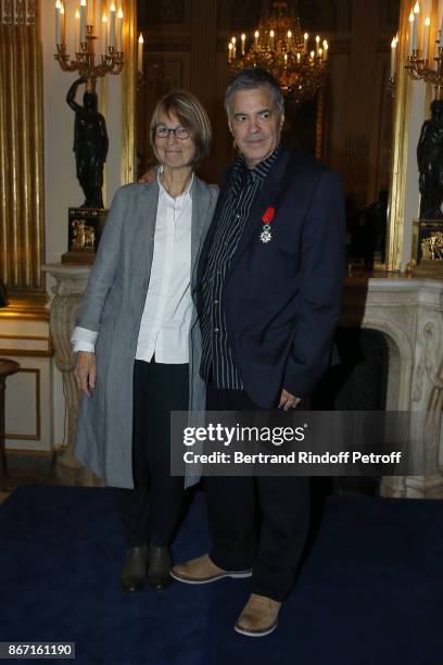 French Ministre of Culture Francoise Nyssen poses with Israeli Filmmaker Amos Gitai after awarding him with the Chevalier De L'Ordre National De La...