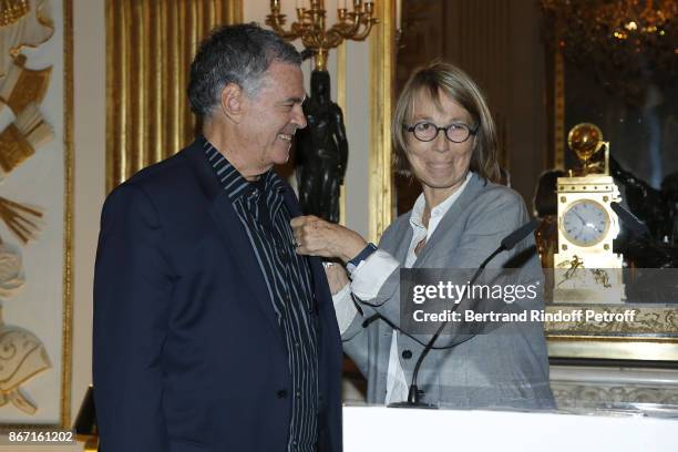 French Ministre of Culture Francoise Nyssen awards Israeli Filmmaker Amos Gitai with the Chevalier De L'Ordre National De La Legion D'Honneuronat at...